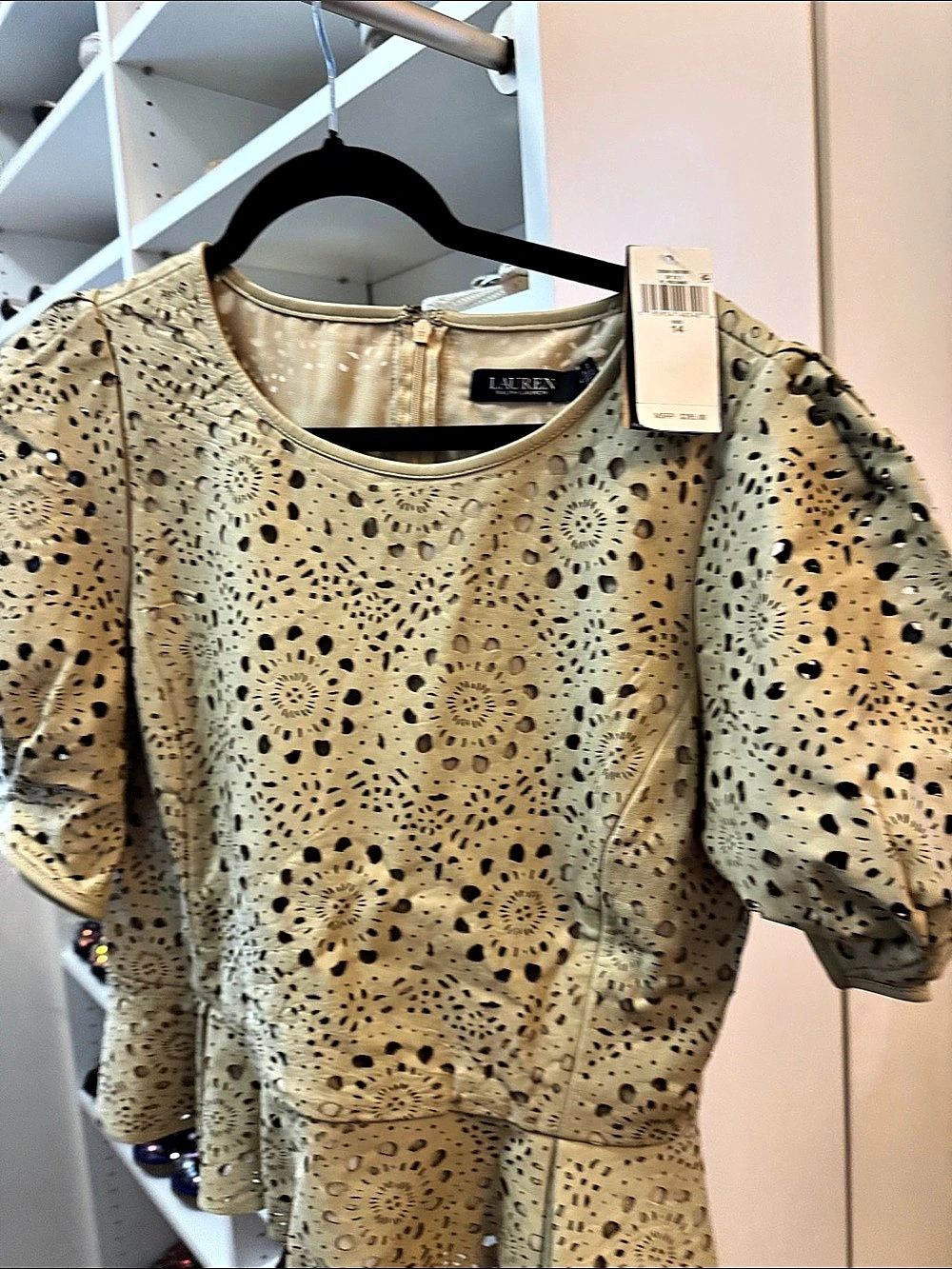 Lauren Leather Laser Cutout Blouse in Tan NWT